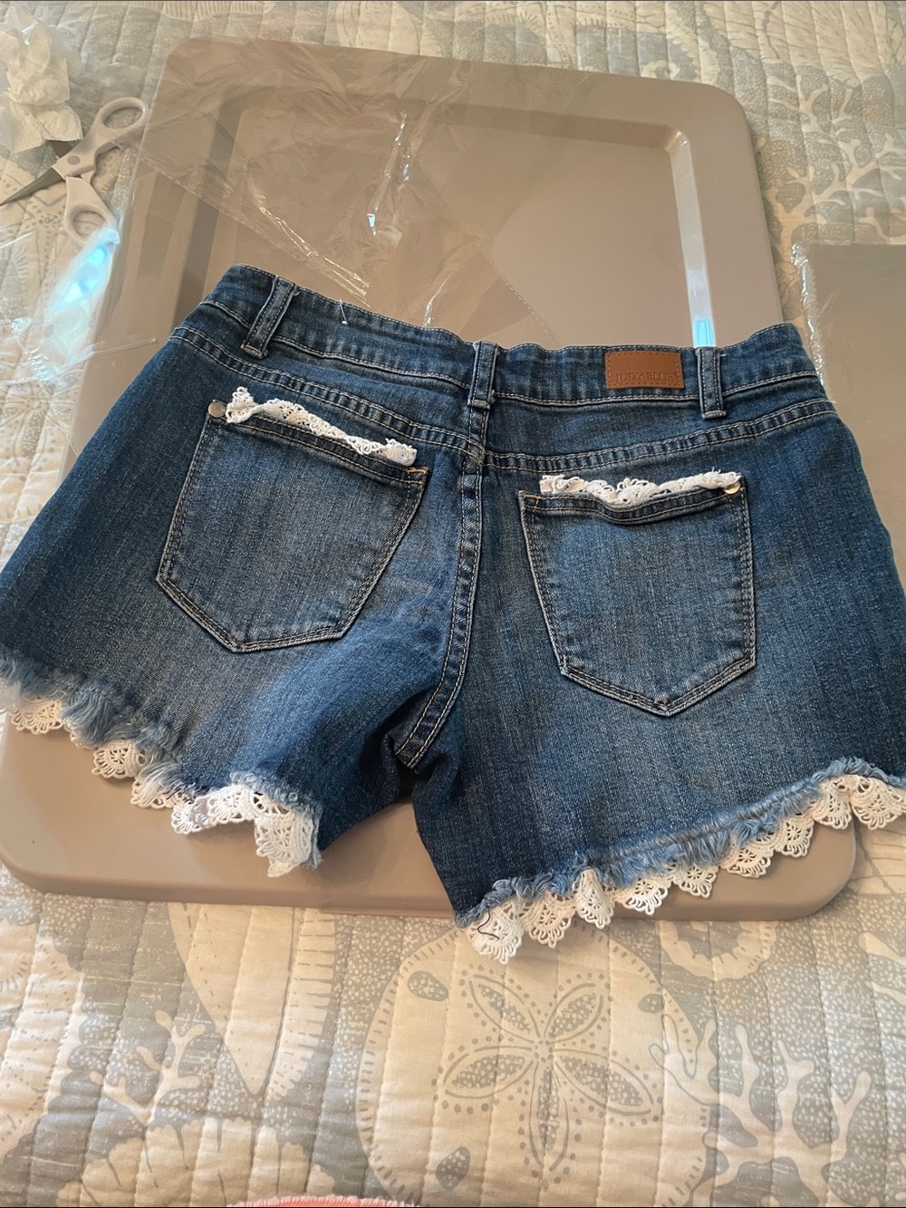 Judy Blue Dark Blue Denim Shorts with White Lace Trim - Picture 2 of 11
